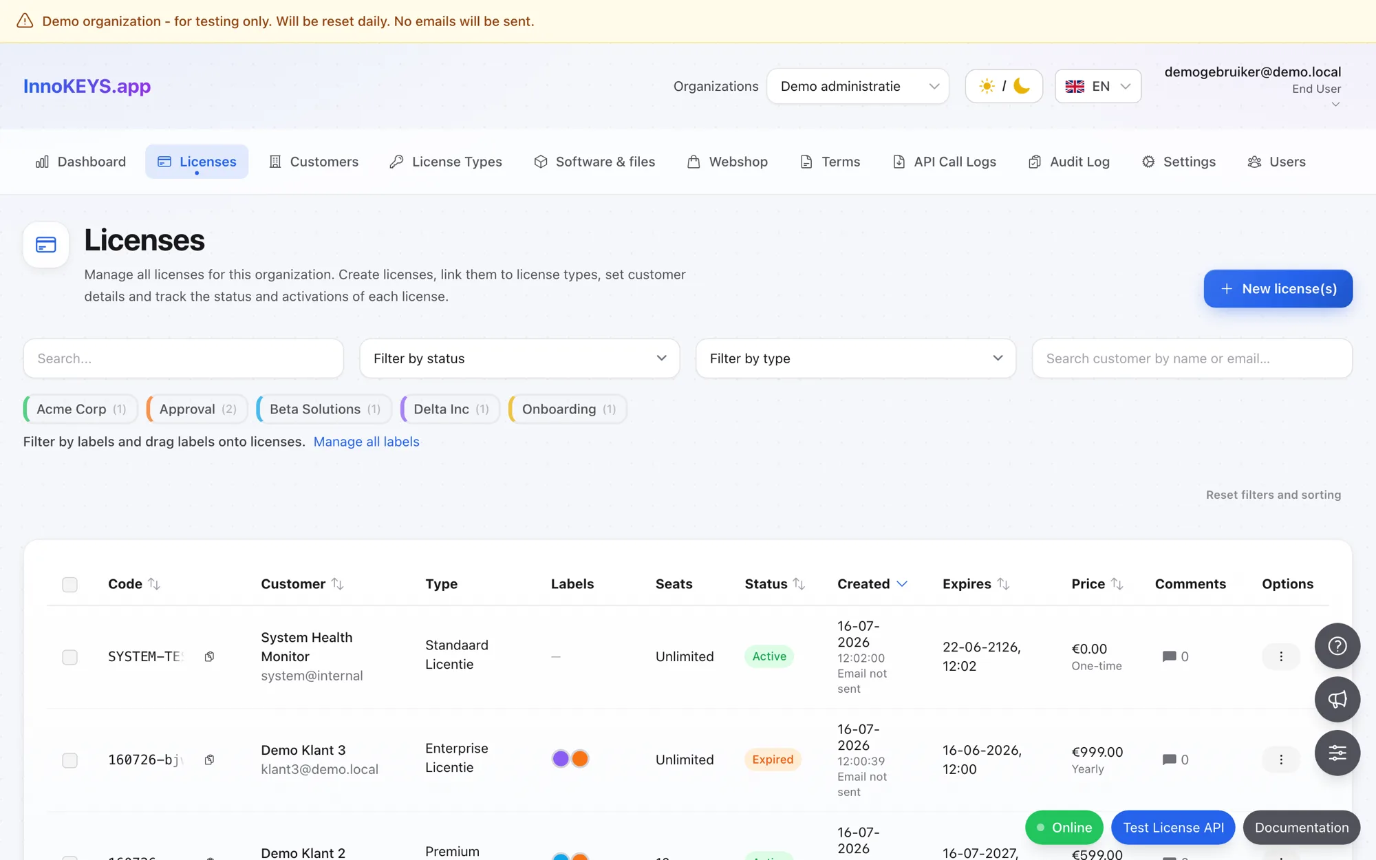 InnoKEYS license overview with labels and statuses